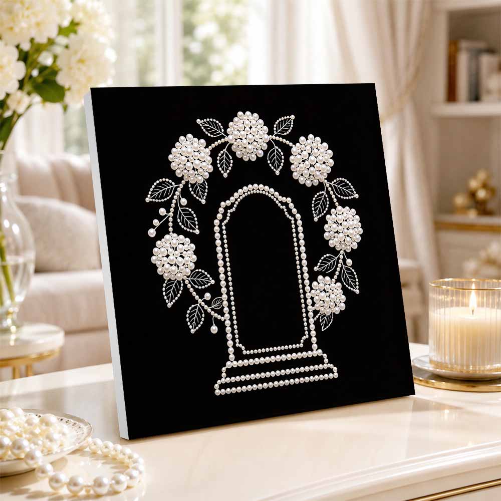 DIY Pearl Diamond Painting Set with Frame Floral Wreath Pattern 3D Pearl Beads. Home Wall Decor