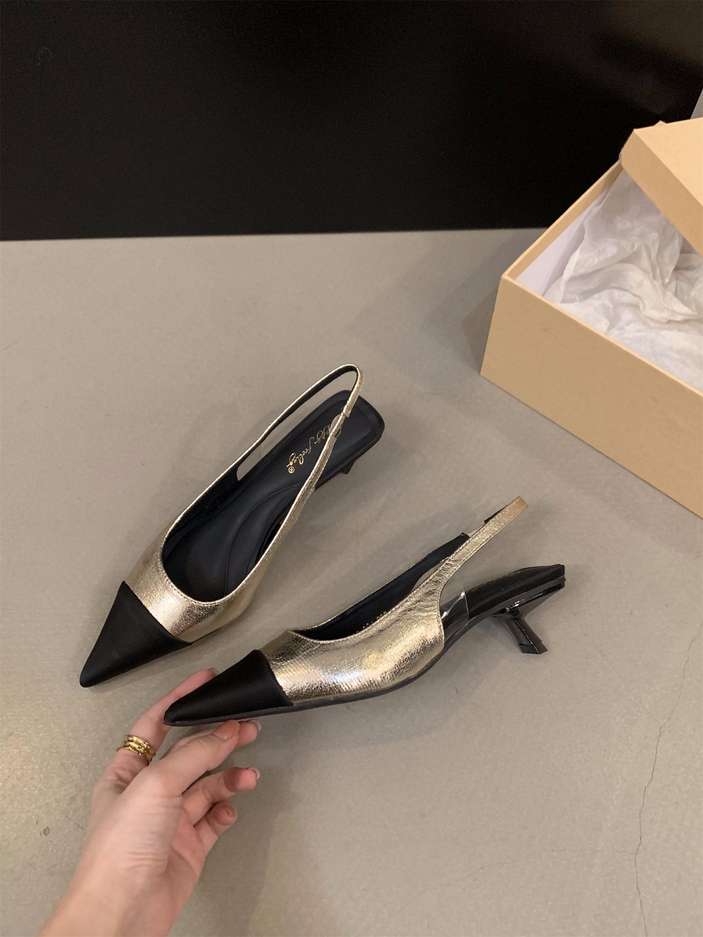 

Серебристые темпераментные туфли-сандалии с закрытым носком, туфельки феи, 2025 новая коллекция весна-лето, остроносые туфли на высоком каблуке, маленькие ароматные одинарные туфли 39 золотой