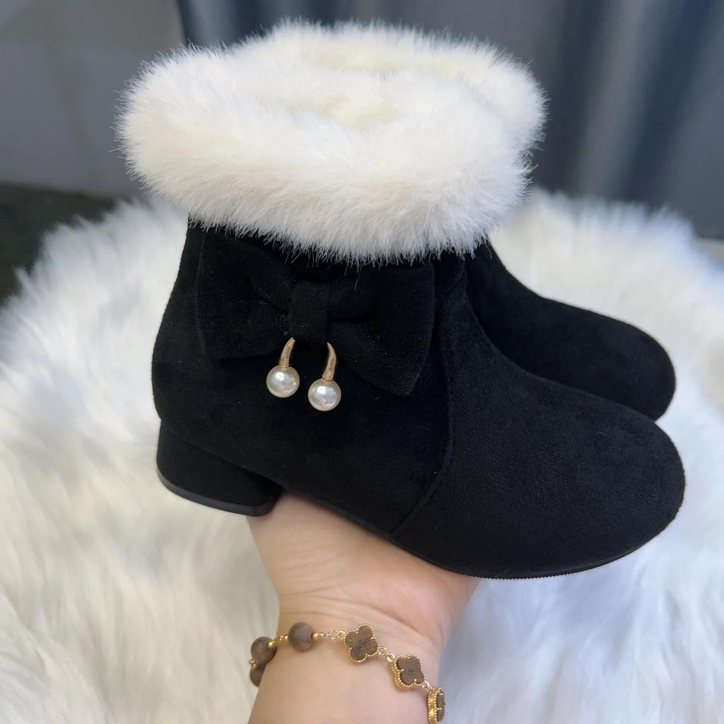 Mädchen Winterstiefel Warm Pelzig Haarig Lässig Kinder Prinzessin Stiefel Schwarz Rot Vielseitig Kinder Knöchelhohe Stiefel Hohe Absätze Schleife