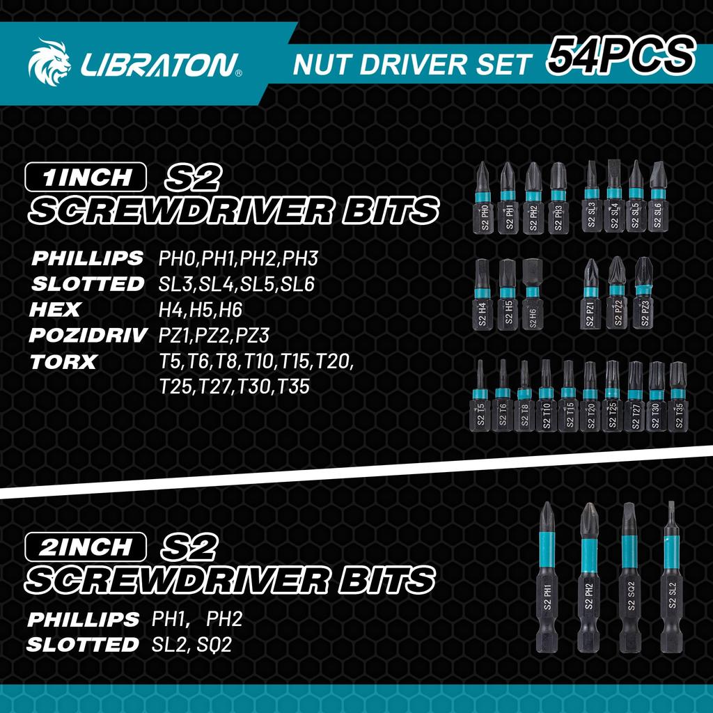 LIBRATON Impact Driver Socket 54 Piece Set Socket Bit Set Electric Screwdriver Bit Socket Adapter Bit Holder Thumbscrew Socket Extension Bar