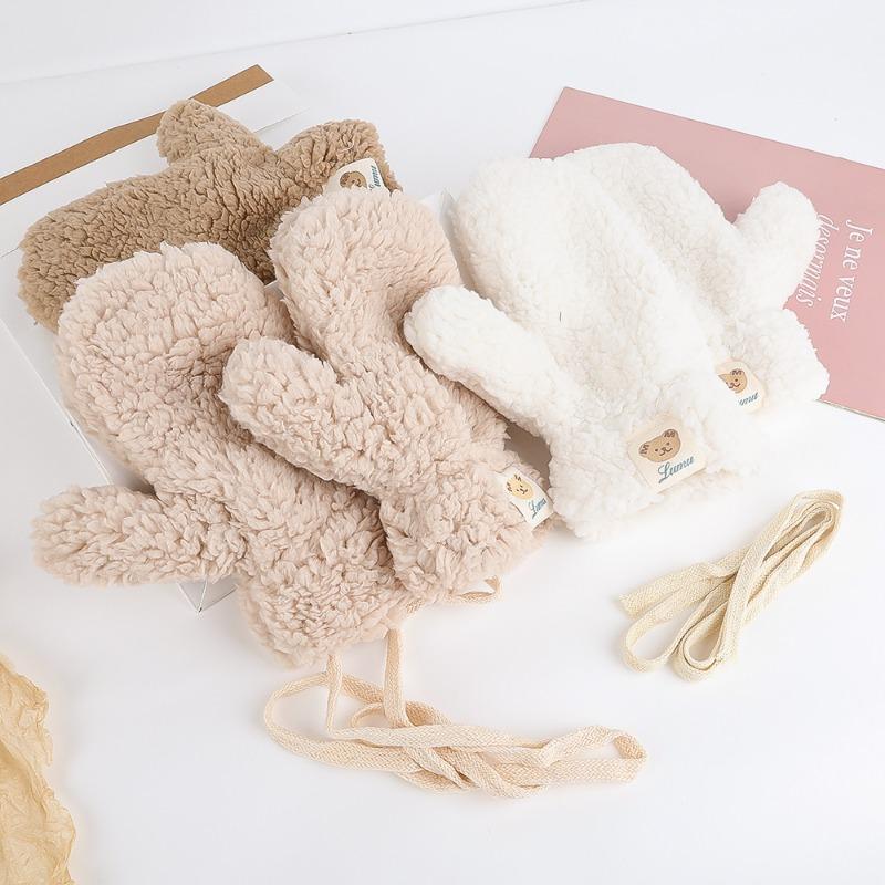 Women Winter Wool Fleece Cute Bear Label Gloves Girls Halter Neck Students Outdoor Sport Riding Thickened Keep Warm Mittens