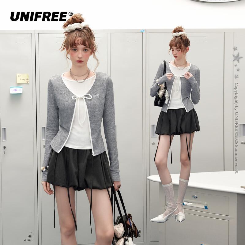 UNIFREE Color-Block Faux Two-Piece Long Sleeve T-Shirt