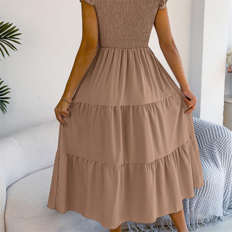 2026 Spring/Summer Women's Solid Color Black Fungal Edge Flying Sleeve Pulling Waist Skirt S-XL