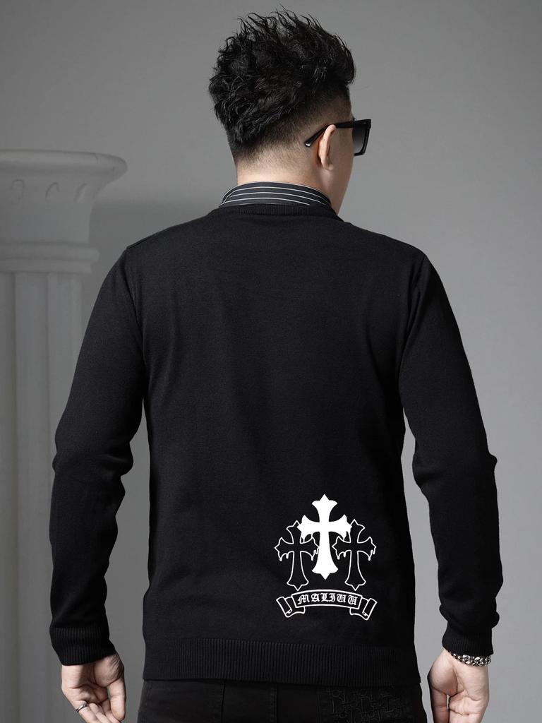 European Style Fake Two-Piece Sweater for Men, 2025 Autumn and Winter New Round Neck High-End Printed Warm Knit Base Shirt