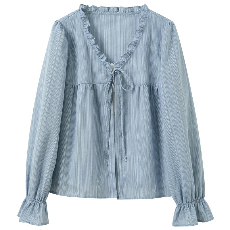 Sancai 2026 Spring Striped Ruffle Lace Top M