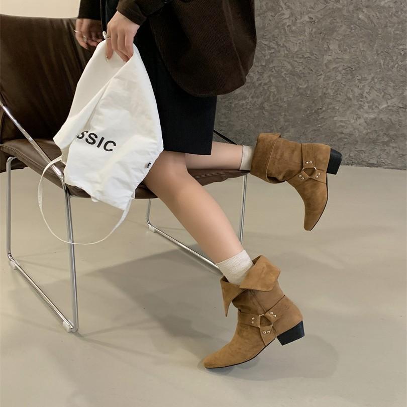 French fashionable design belt buckle thick heel thin boots women's autumn and winter outer wear commuting versatile one-pedal short boots