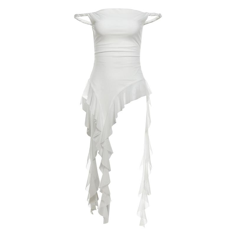 

Y2K Sexy Off-The-Shoulder Crop Top, Solid Sleeveless Ruched Backless Blouse with Ruffle Hem, Streetwear Tank Top for Women S білий