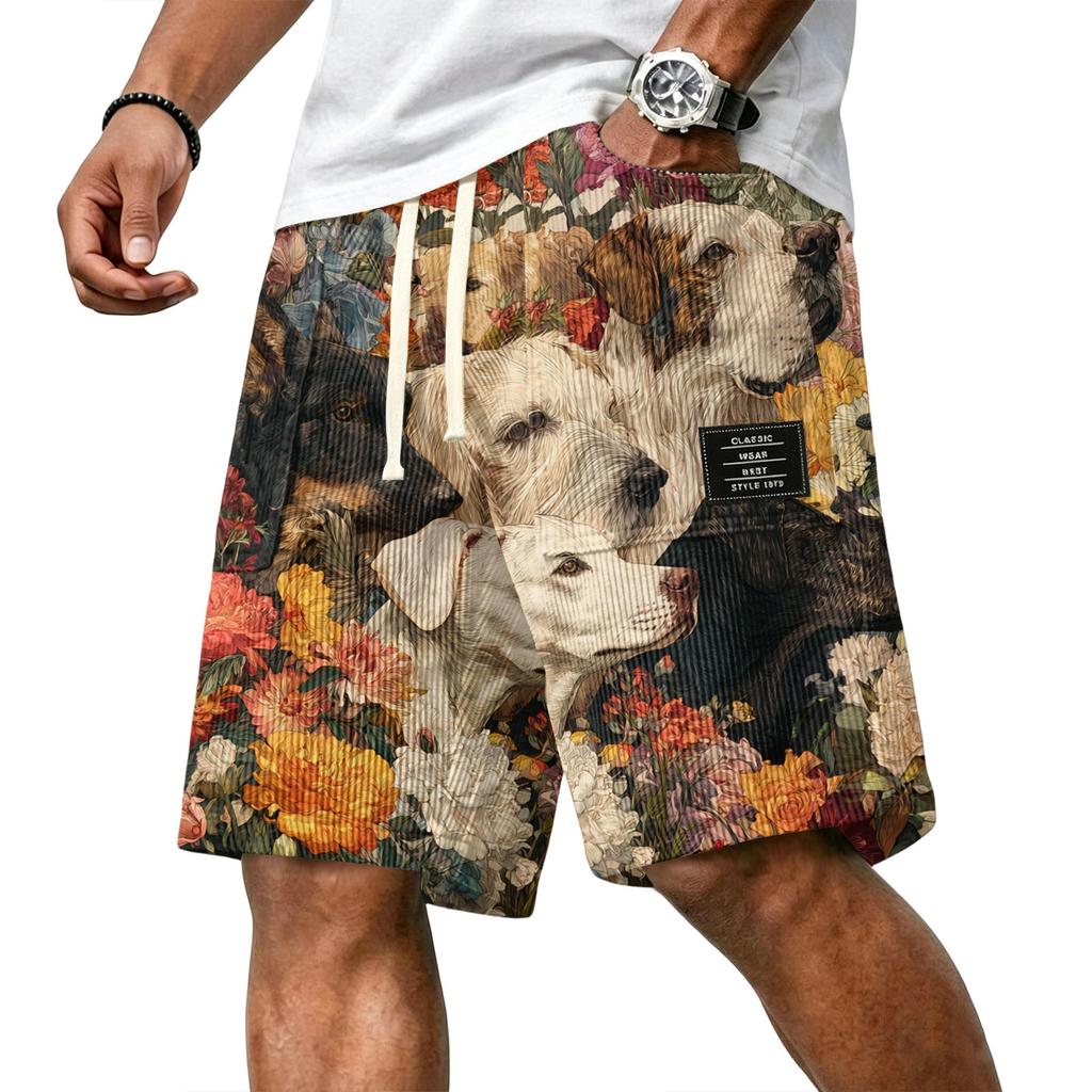 Men's Casual Corduroy Drawstring Shorts Hawaiian Style Floral Dog Print Lightweight Comfortable Fit Summer Beachwear