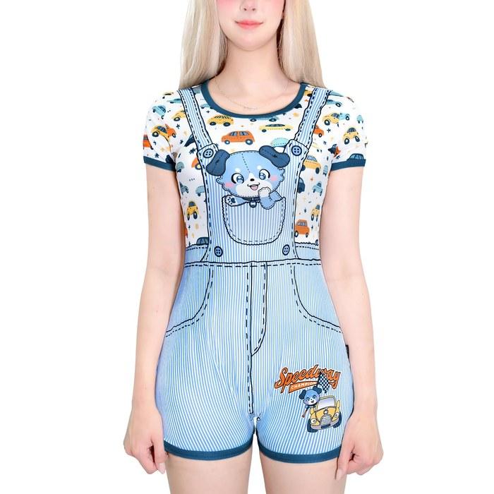 [LittleForBig] Adult Onesie Pajamas [Aochanto & Racer] Fluffy Tail 2-in-1 Striped Fake Overall Style Romper Blue 4XL