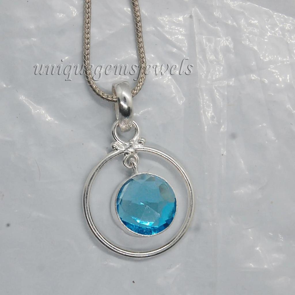 Round Rose Cut Blue Topaz 925 Sterling Silver, Yellow Gold Overlay, Rose Gold Overlay Pendant Jewelry, Handmade Fine Silver Pendant