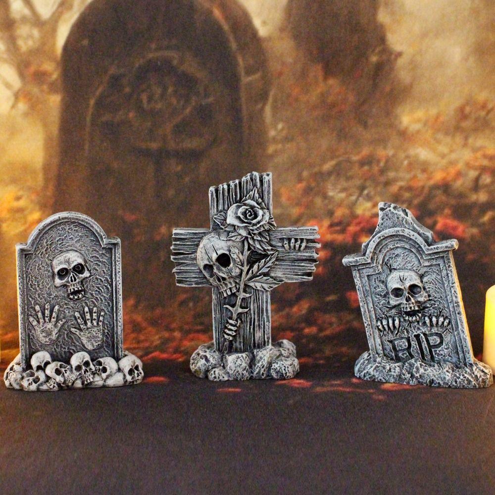 3pcs Skull Cross Halloween  Tombstones Figurine Resin Crafts Tombstone Statues  Party Layout