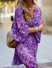 Abito boho casual estivo da donna con stampa floreale, maniche a sbuffo, vita alta, abiti da spiaggia midi