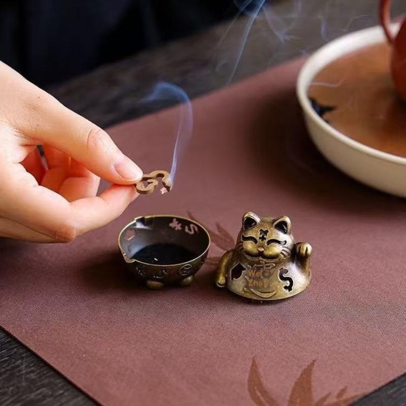 Lucky Wealth Cat Incense Burner Golden Feng Shui Good Luck Home/Office Decor With Prosperity Symbols Meditation Accessory