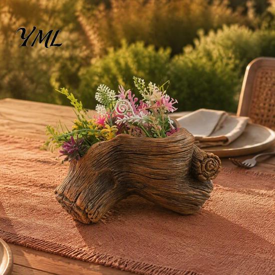 Durable Resin Succulent Pots Tree Stump Flowerpot for Succulents Small Plants, Imitation Wood Grain Planter Natural Style Plant Indoor Home
