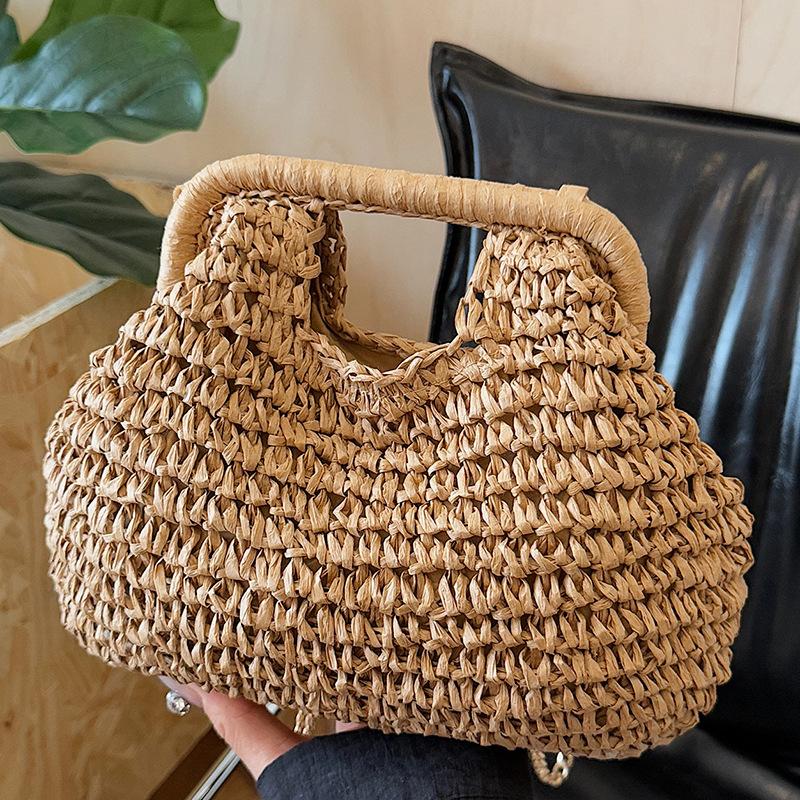 Solid Color Hand Carry Straw Woven Bag Hand-held Straw Bag Woven Bag Women's Seaside Beach Bag Underarm