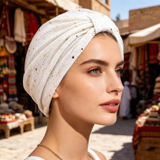 Turban Hat for Women, Sequined Crepe Fabric Headwrap, Ethnic Style Knotted Front Headwrap for All Face Shapes
