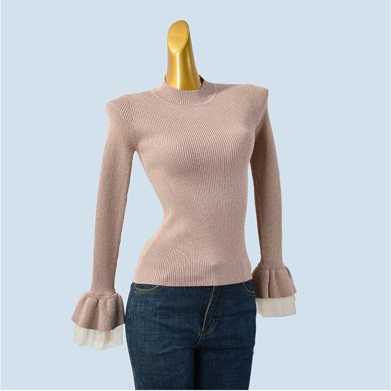 Horn Ruffle Sleeve Chiffon Patchwork Cann Flash Silk Women's Half Turtleneck Base Knitting Women's Fall and Winter Slim Fit Slimming Top