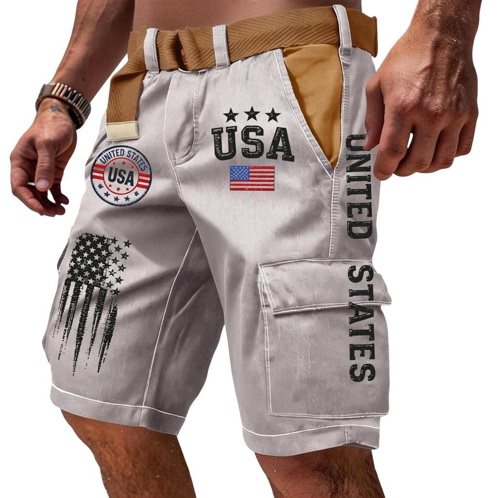 Pantaloncini Cargo Casual da Uomo Multi Tasche con Ricamo e Stampa Bandiera Tessuto Leggero Resistente Adatti per Attività all'Aperto