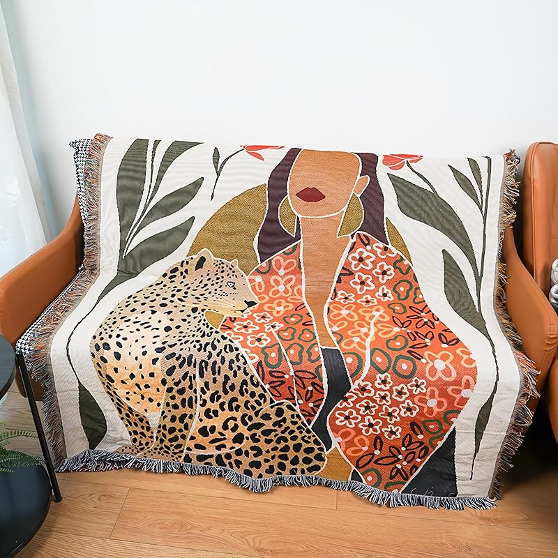Double-Sided Cotton Woven Throw Blanket with Tassel Jungle Bohemian Style Tapestry Shawl Multi-Function Decorative Throws for Sofa Bed Armchair