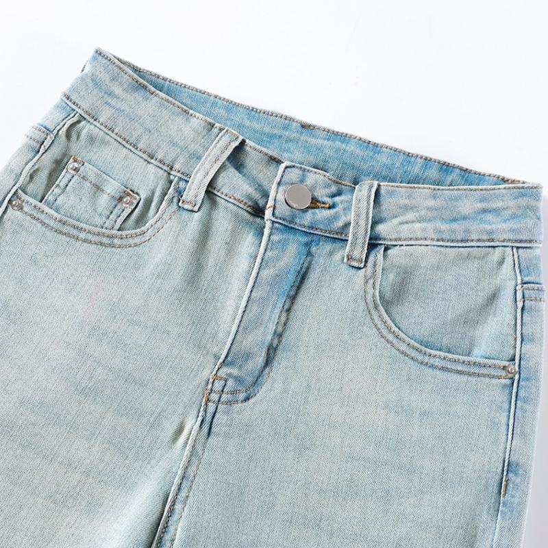 GMXIA Lace Splicing Straight Jeans Female Spring Retro High Waist Thin Small Nine Baguette Cigarette Trousers