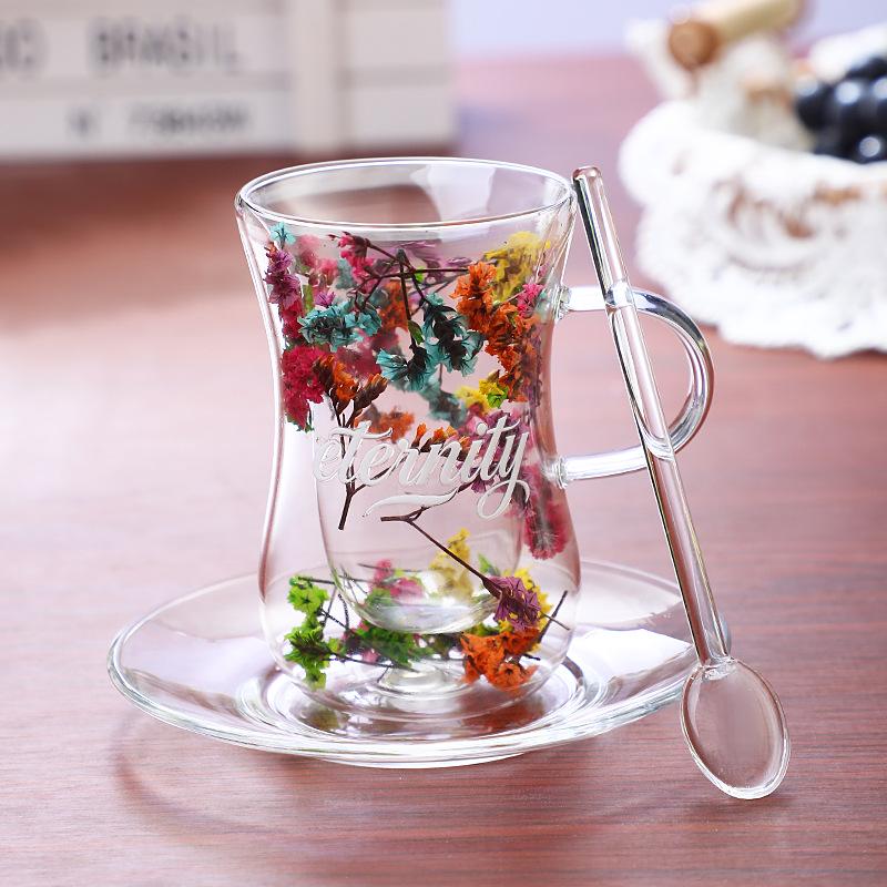 Dried Flower Body-Shaping Double-Walled Glass Cup with Handle and Heat Insulation for Coffee, Milk, or Juice