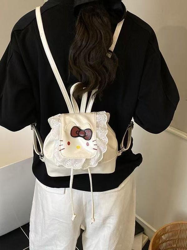 Mochila Infantil Hello Kitty com Acabamento em Renda e Estampa de Desenho Animado Para Uso Diário