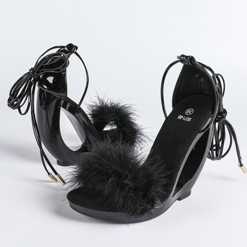 Pesstwei Red Sexy Elegant Summer Fashion Fluffy Strap Sandals Women Open Toe Frewtwork High Heels Wedding Party Shoes