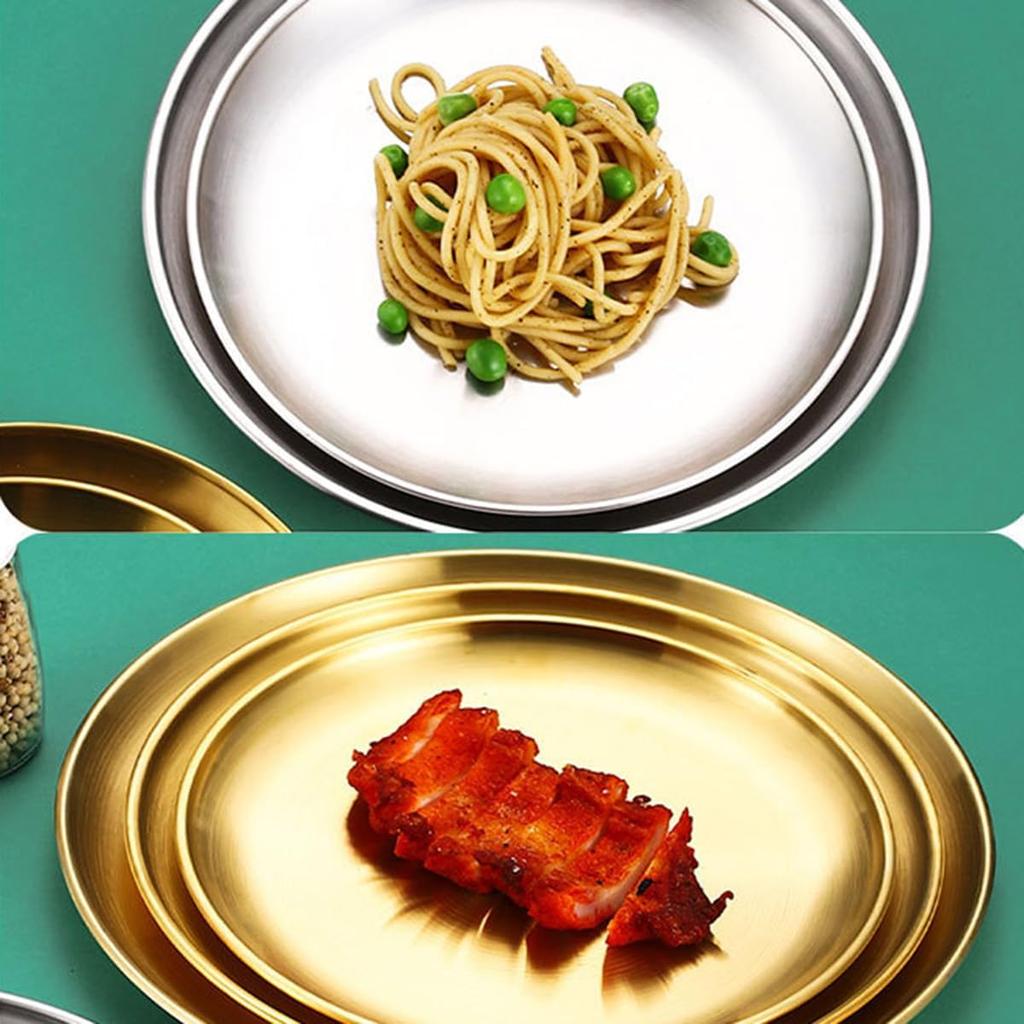 4-Piece Stainless Steel Dinner Plates Round Metal Plates Serving Tray Dessert Plates Dinner Dish for Home Camping  BBQ