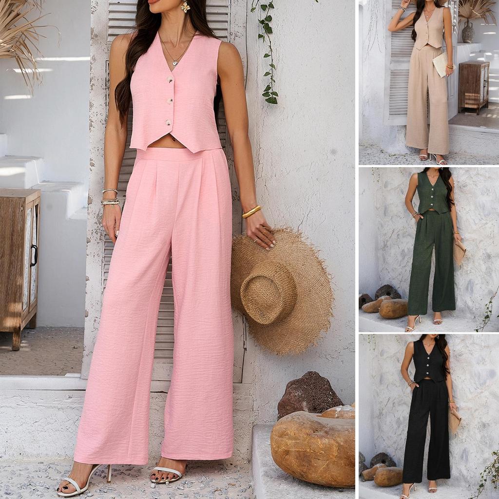Completo di pantaloni a gamba larga, gilet tinta unita, stile casual da pendolare, primavera ed estate