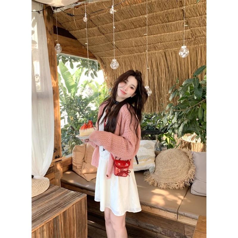 French sweet style hollow yellow women's knitted cardigan, spring and autumn new lazy fashion jacket loose7052#