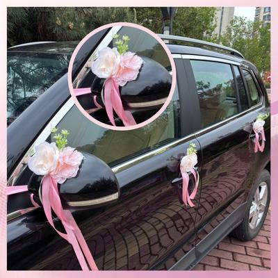 10pcs/set Wedding Car Decoration Kit Romantic Pink White Artificial Roses Door Handle Ribbons Complete Bridal Vehicle Decor Kit