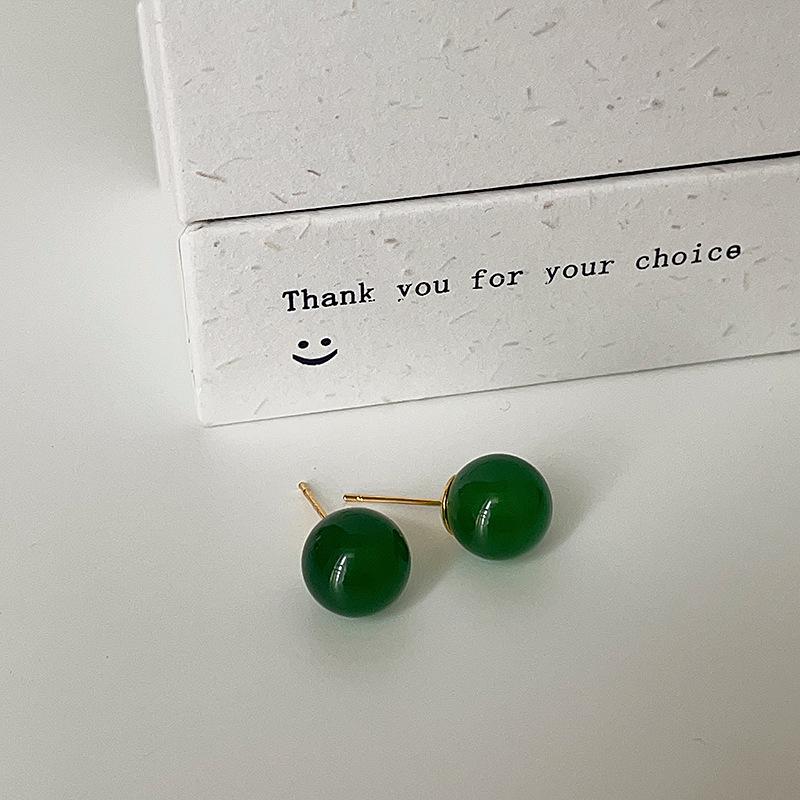 Nationalstil Retro Natürliche Grüne Achat Kugel Ohrstecker Damen Nische Einzigartige Persönlichkeit Frisch Und Modisch Vielseitige Ohrringe