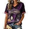 Women's Casual Short Sleeve V-Neck Pullover Top with Halloween Print