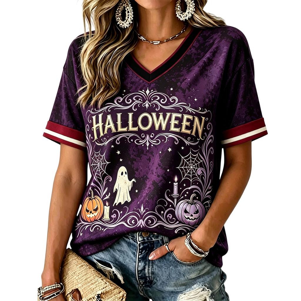 Women's Casual Short Sleeve V-Neck Pullover Top with Halloween Print