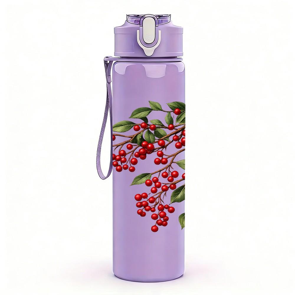 1PC Red Berry Branch Floral Print 750ml Color Plastic Sports Water Bottle Leakproof Flip Straw Lid Suitable for Sports Office Home Use