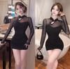Celebrity Long-sleeved Mesh Stitching Low-cut Sexy Black Primer Dress Tight Hip-wrapped Short Skirt Clothes Autumn