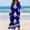 Women's Casual Fashion Retro Print V-neck Long Sleeve Waist Long Dress