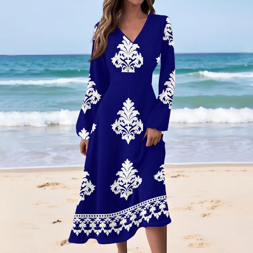 Women's Casual Fashion Retro Print V-neck Long Sleeve Waist Long Dress