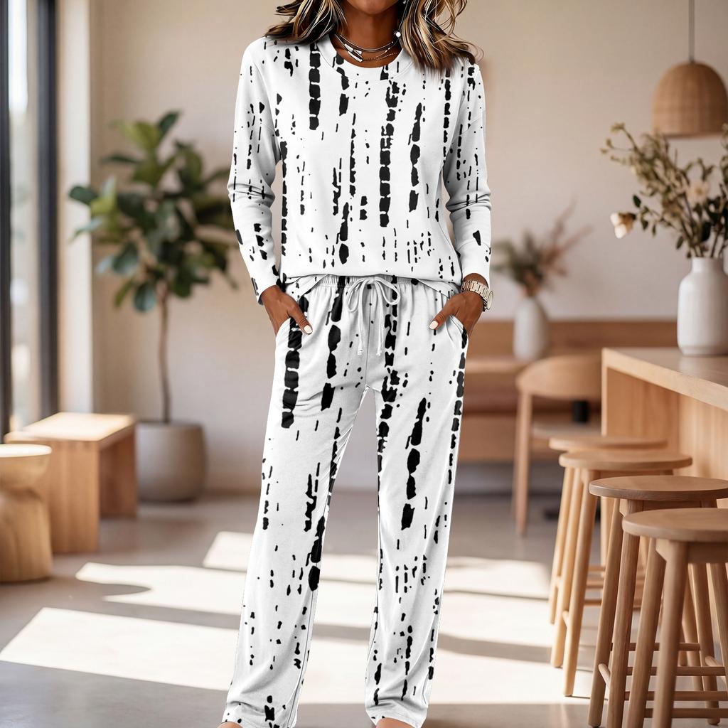 Dames Katoenen Pyjamaset met Ronde Hals Lange Mouwen Trekkoord Wijde Pijpen Broek voor Slapen en