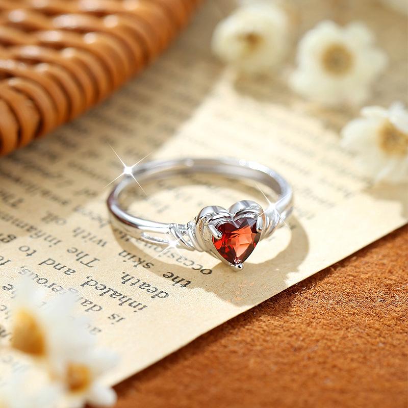 Heart Shaped Natural Crystal Ring S925 Sterling Silver Niche Open Ring Topaz Women Jewelry