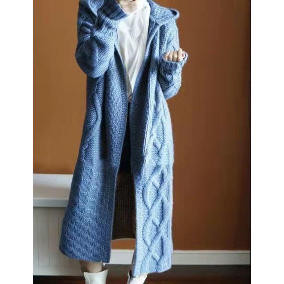 Autumn Winter New Women Sweater Hooded Knitted Coats Solid Color Jacquard Long Sleeve Midi Loose Fashion Aesthetic Cardigans