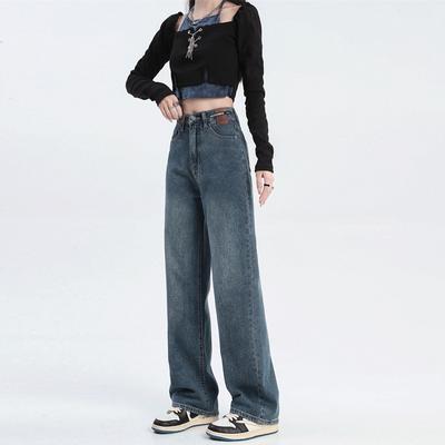 Frühling und Herbst Damen Jeans Lose Gerade Hosen Hohe Taille Weites Bein Hosen Denim Jeans