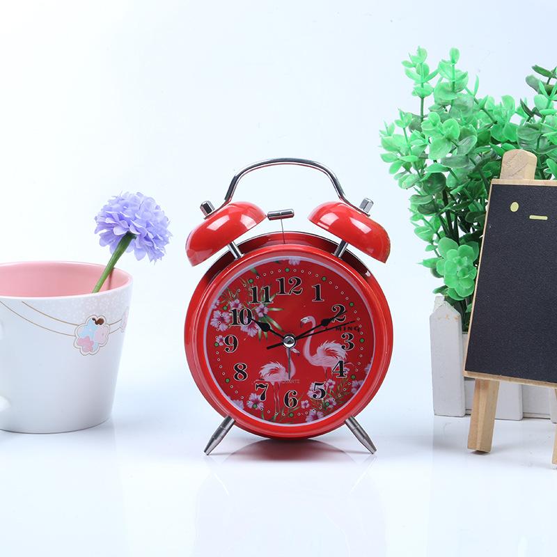 Metal spray paint cartoon bell alarm clock creative children primary school bedside night light double bell fashion alarm clock face