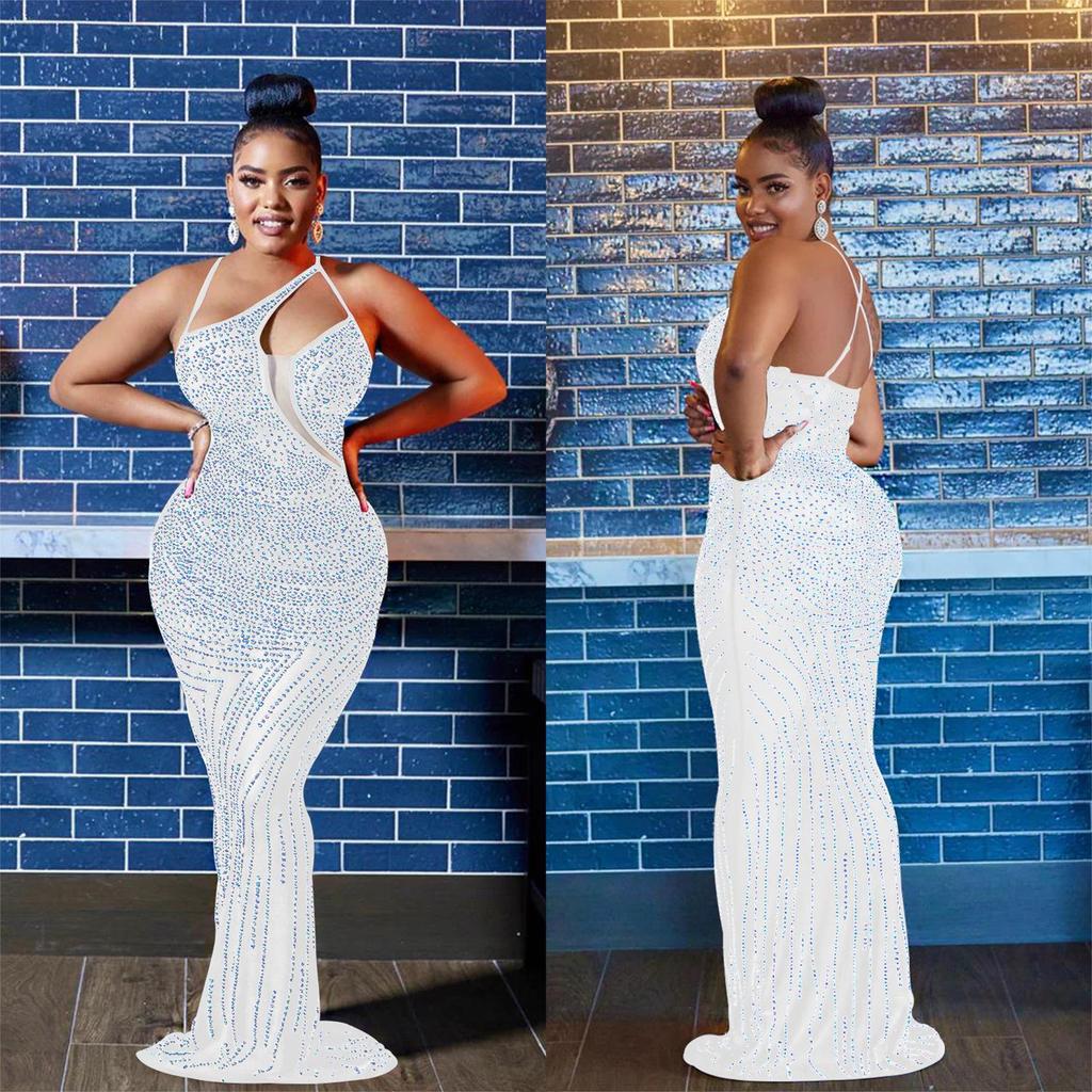 C6075 Women's Fashion Mesh Sleeveless V-Neck Long Dress with Hot Drill Detailing