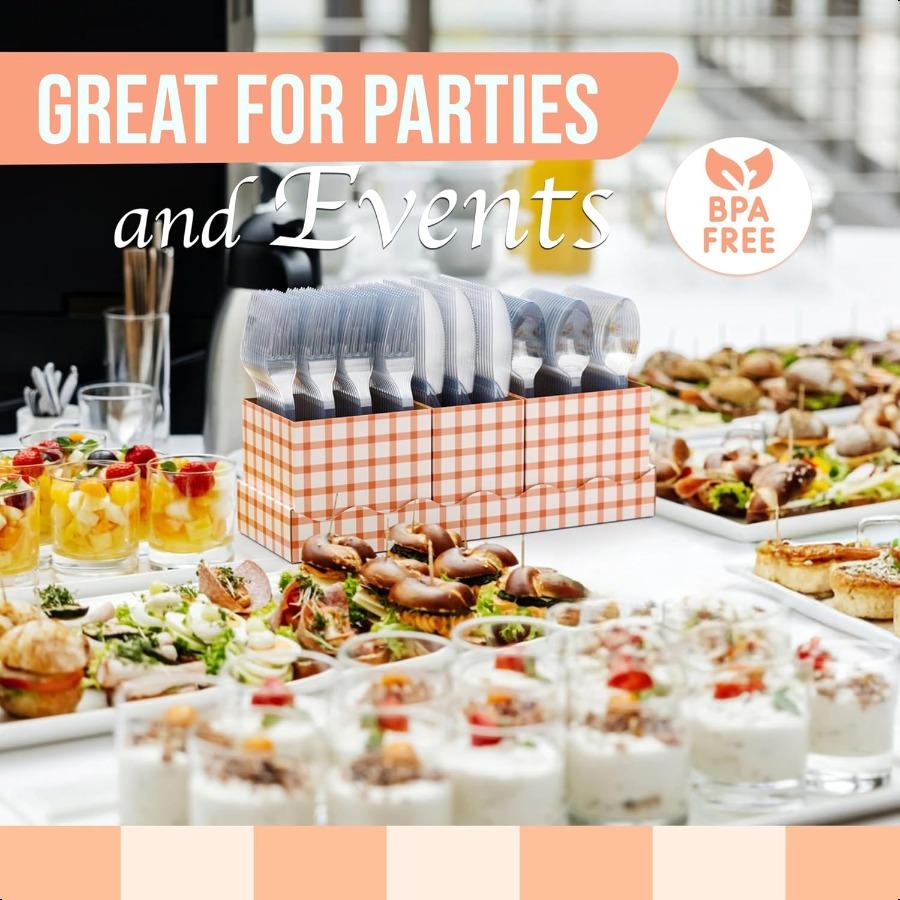 Utensil Caddy Organizer with Clear Plastic Forks and Spoons and Knives Gingham Kitchen Utensil Holder for Party with 3 X 100 Pl