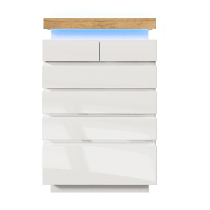 Commode, Buffet Brillant Avec 6 Tiroirs, Éclairage LED (commandé Par L'application), 115 X 73 X 39 Cm, Blanc