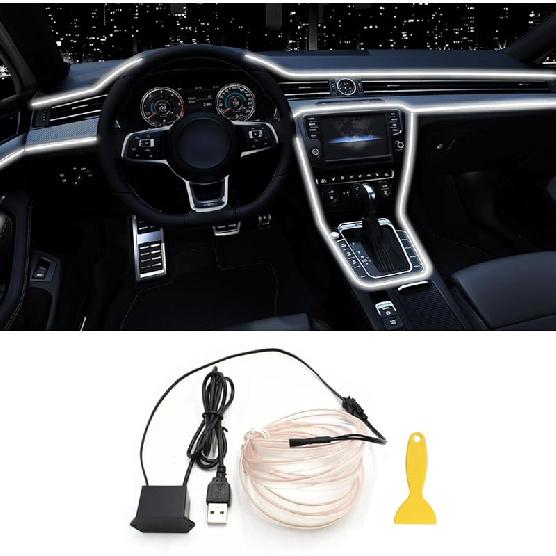 EL Wire Interior Car LED Strip Lights, 16.5FT USB Neon Glowing Strobing El Wire Strip With 6Mm Sewing Edge, Ambient Lighting Kits For Car Ide
