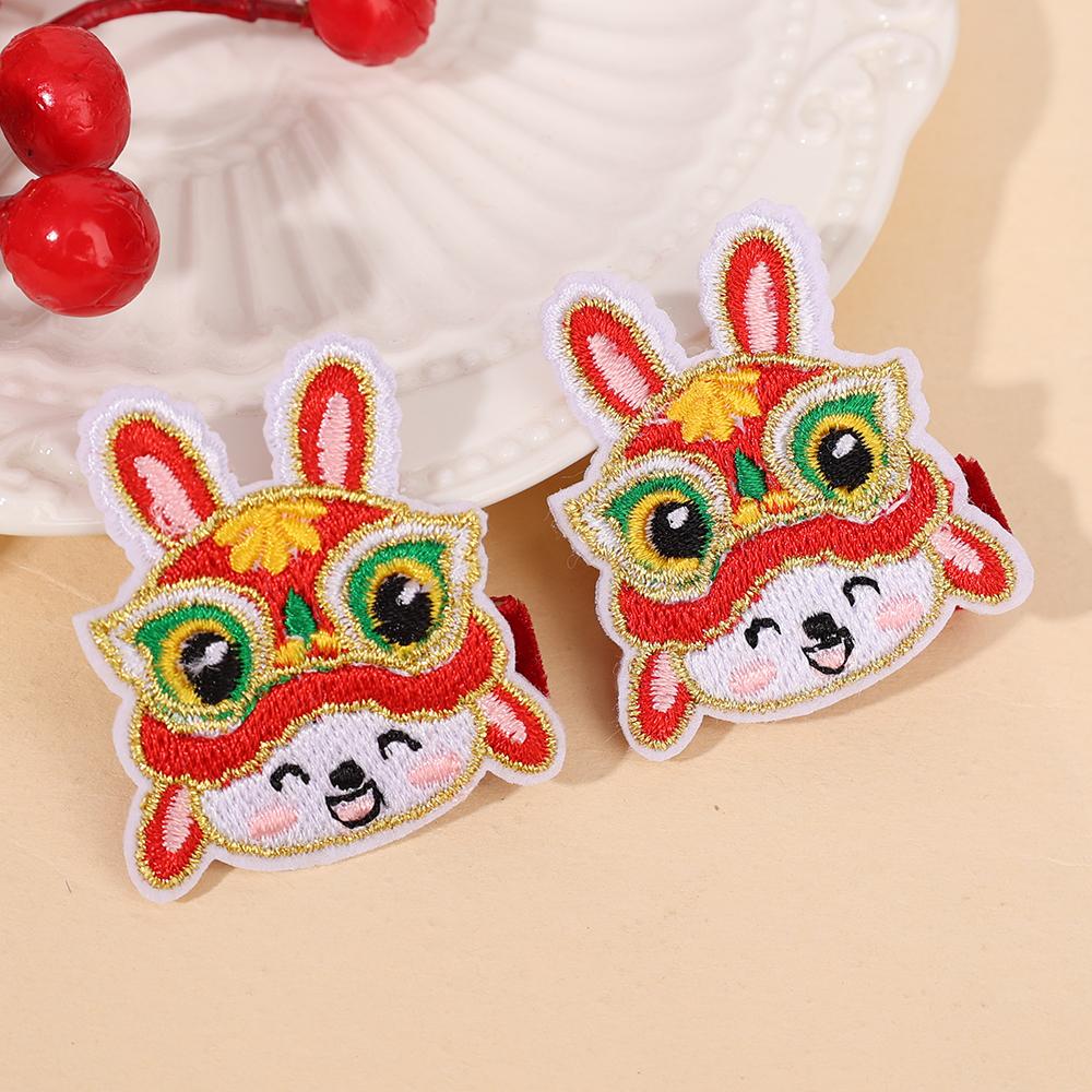 Kids New Year Hair Accessories Plush Embroidered Lion Dance Clips Girl Chinese Red Cartoon Lion Head Hairpin Holiday Headwear