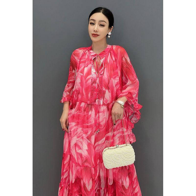 

2025 Summer New Arrival Women s Dress Chiffon Floral Print Mid-Length Sleeves Large Swing Dress Fashion Elegance Casual Women s Red One size