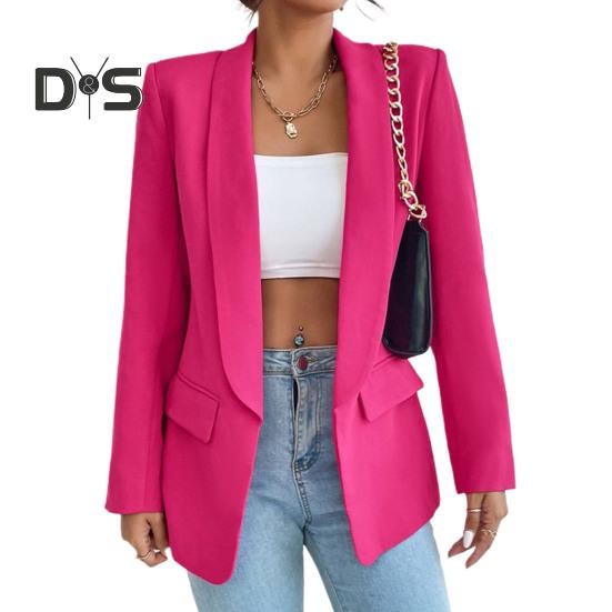 

Женский костюм, пальто, весна-осень, однотонный деловой костюм, пальто с лацканами и длинными рукавами, карманы с клапанами, куртка с открытым передом M розы красного